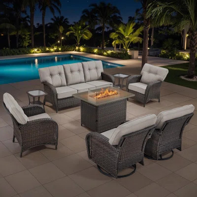 Harbor 8-Piece Outdoor Wicker Patio Furniture Sofa Set With 55,000 BTU Fire Pit Table, Swivel Chairs & Thick Cushions | Wayfair North America