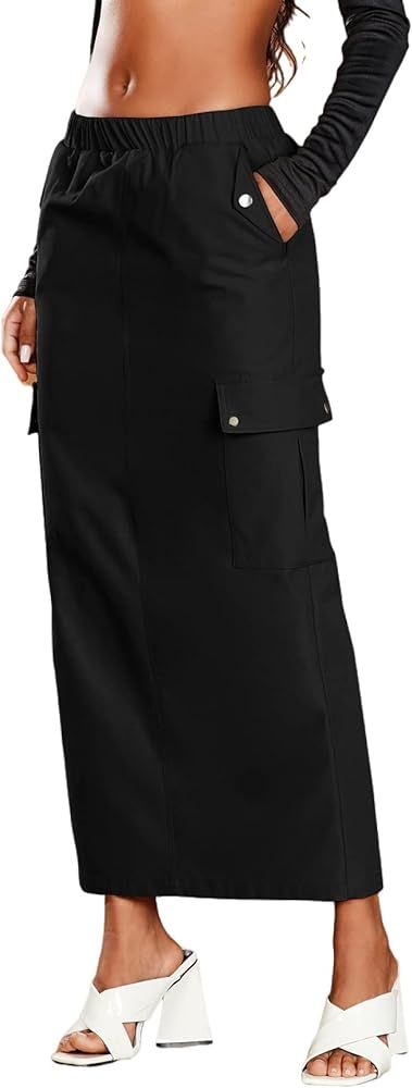 Verdusa Women's Casual Elastic Waist Pocket Side Long Cargo Skirt | Amazon (CA)