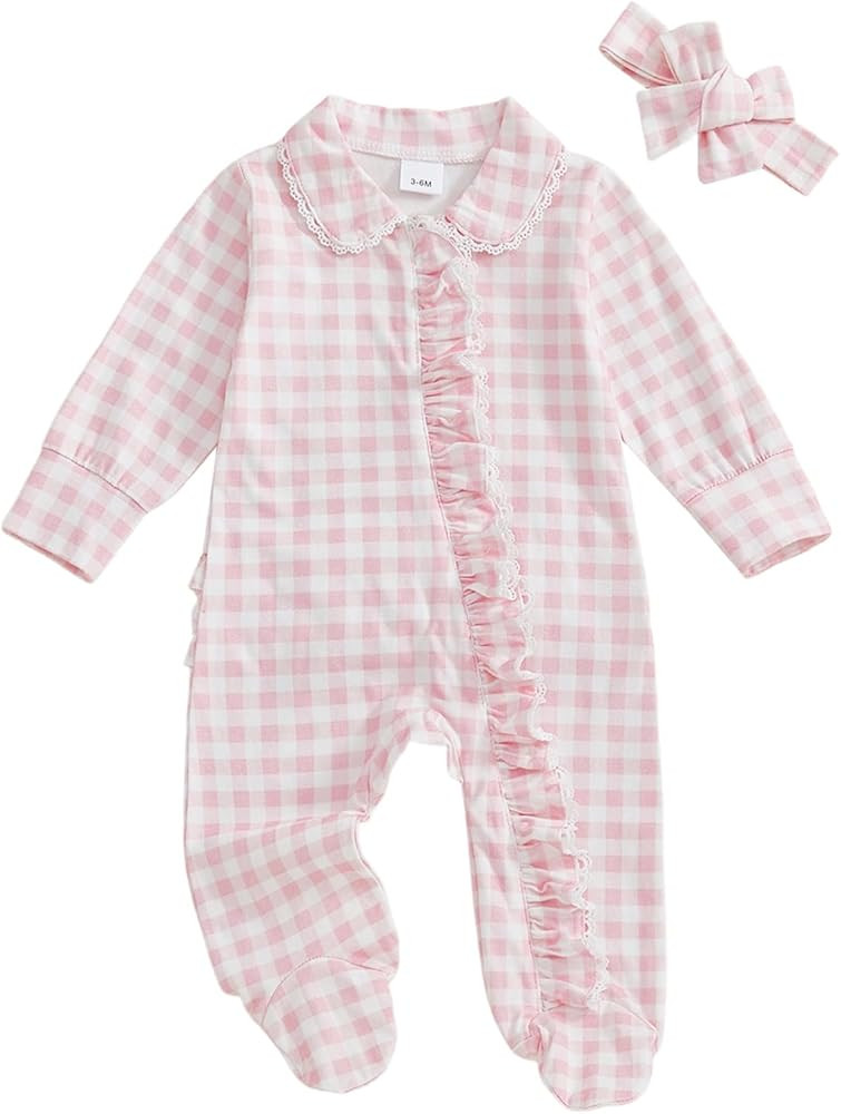 Newborn Baby Girl Outfits Bow/Goose Print Footed Jumpsuit Ruffle Zipper Romper Cute Fall Baby Com... | Amazon (US)