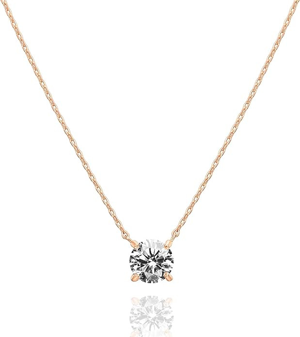 PAVOI 14K Gold Plated Crystal Solitaire 1.5 Carat (7.3mm) CZ Dainty Choker Necklace | Gold Neckla... | Amazon (US)