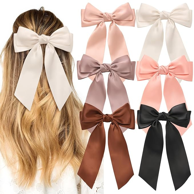 6PCS Silky Satin Bows, Cute Clips for Women, Large Bow Clips for Thick Thin Hair, Ribbon Bows, Br... | Amazon (US)