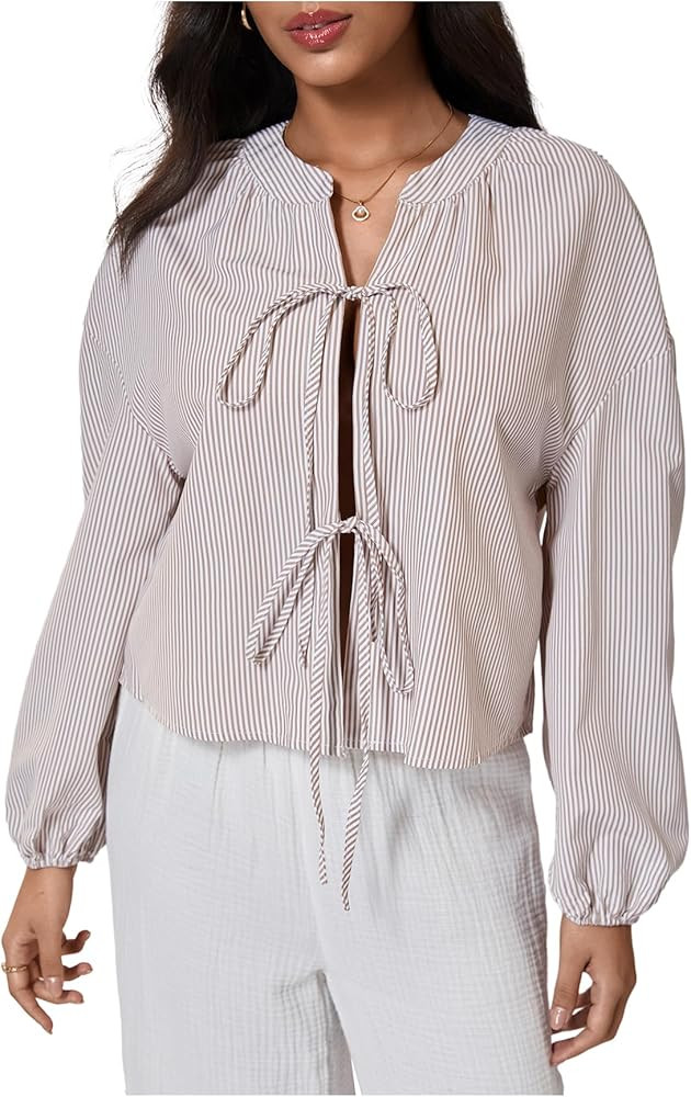 SweatyRocks Women's Striped Tie Front Tops Bow Long Sleeve Shirts Loose Going Out Blouse | Amazon (US)