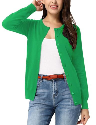 GRACE KARIN Women's Crewneck Button Down Cardigan Classic Lightweight Knit Soft Long Sleeve Green Cardigan Sweaters L | Amazon (US)