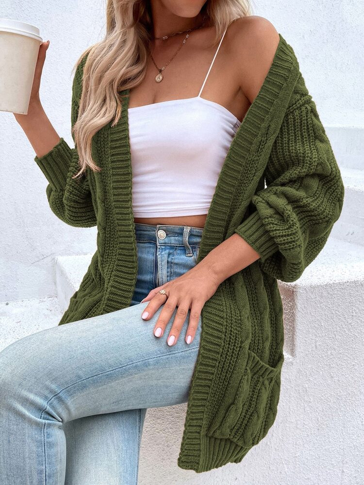 Cable Knit Drop Shoulder Pocket Patched Duster Cardigan | SHEIN