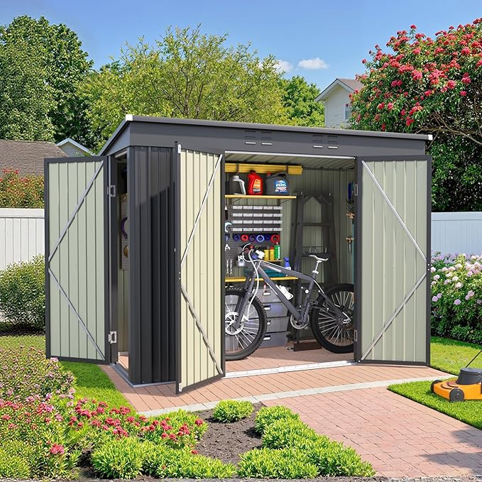 JUMMICO 8x4 FT Outdoor Storage Shed, Heavy Duty Tool Metal Sheds with 3 Lockable Doors and Update... | Amazon (US)