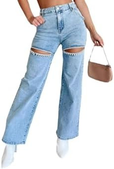 Women's high Waist Loose Stretch Ripped Jeans Rhinestone Trim Shiny Wide Leg Straight Jeans | Amazon (US)