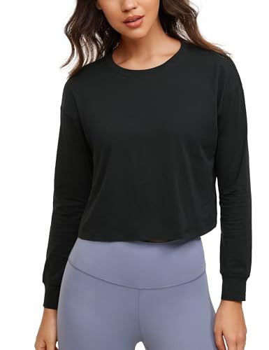 CRZ YOGA Womens Pima Cotton Workout Long Sleeve Shirts Loose Athletic Yoga Tops Basic Casual Fall Crop Shirt Black Large | Amazon (US)