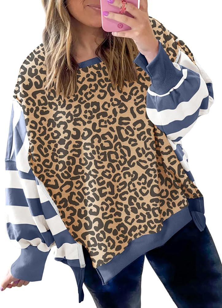 Striped Leopard Sweatshirt for Women Color Block Patchwork Drop Shoulder Side Slit Pullover Shirt... | Amazon (US)