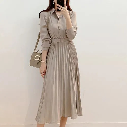 Longagica - Long-Sleeve Plain Belted Pleated Midi A-Line Shirtdress | YesStyle | YesStyle Global
