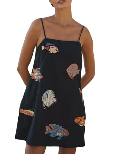Women Boho Mini Cami Dress Graffiti Spaghetti Strap Aline Fruit Dress Cute Colofrul Short Beach S... | Amazon (US)