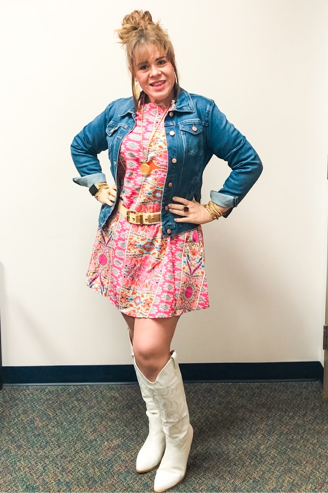 Wedding guest dress. Floral print lantern sleeve belted dress. Pink printed a line dress pink printed belted dress balloon sleeve white cowboy boots tall white boots tall white cowgirl boots white cowboy boots brown sole denim jacket blue jean jacket Walmart denim jacket Shein Dress PoppieMichelle 

#LTKfit #LTKwedding #LTKcurves