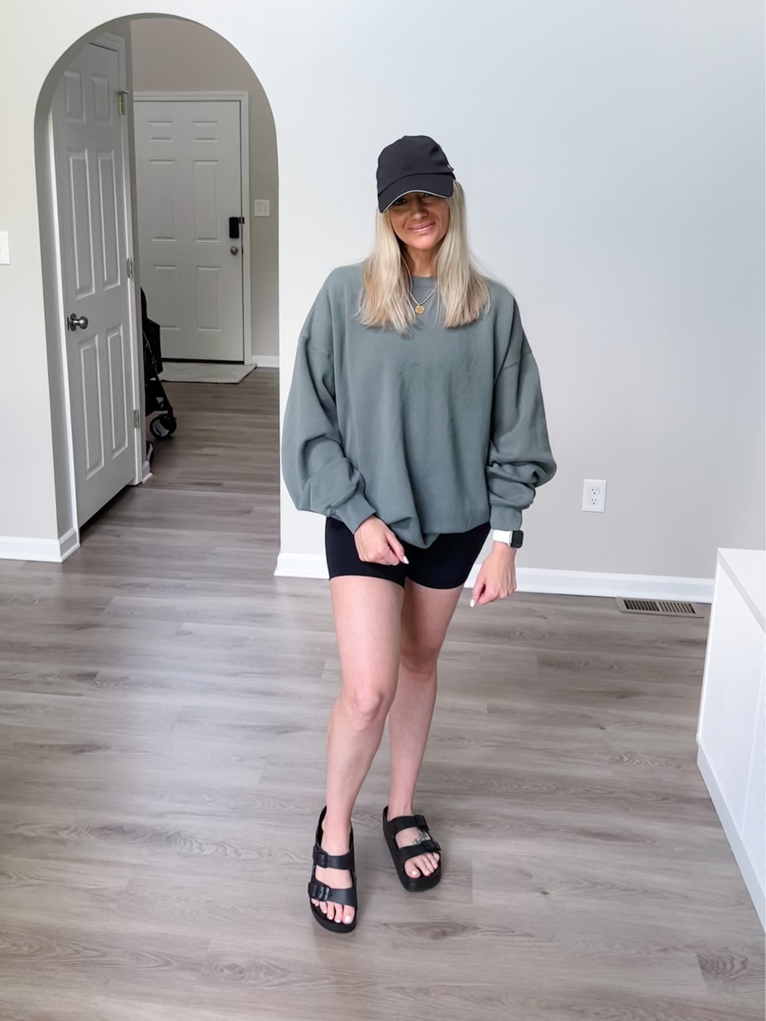 John Galt oversized crew sweatshirt sage green (one size), lululemon biker shorts and hat, platform sandals from Amazon. 

#LTKunder50 #LTKxPrimeDay #LTKshoecrush