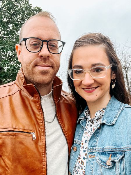 Newly engaged! Engagement photos today // men’s leather jacket, denim jacket, floral top 