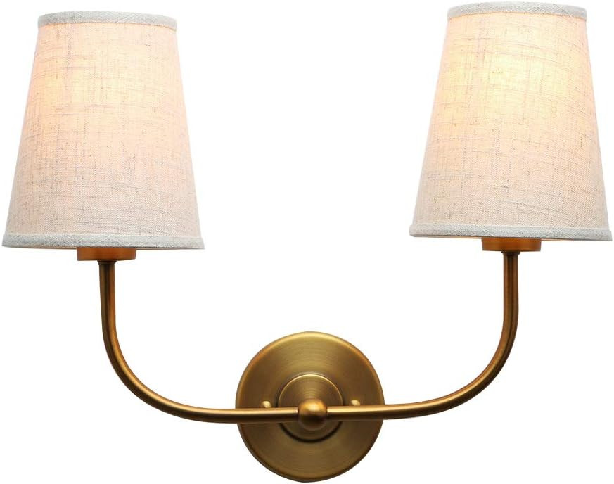 PERMO Vintage Double Sconce Antique 2-Lights with Flared Funnel Linen Beige Fabric Shade | Amazon (US)