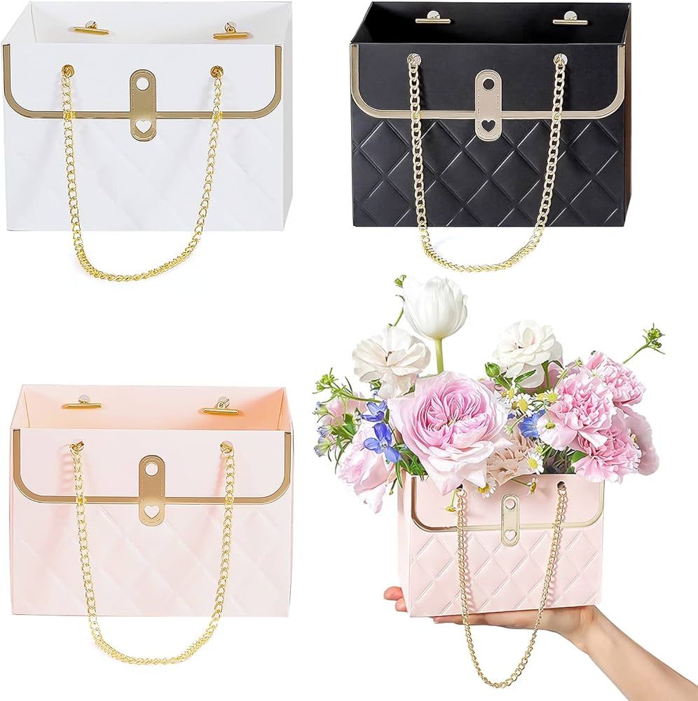 3 Pack Florist Bag Flower Paper Gift Box with Metal Chain,2023 New Bouquet Storage Bucket Handbag... | Amazon (US)