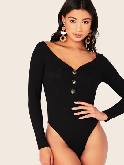 SHEIN Buttoned Half Placket Rib-knit Bodycon Bodysuit | SHEIN