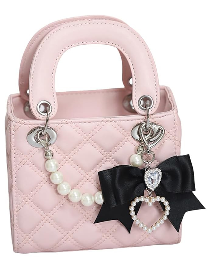 PU Leather Handbag Purse Shoulder Bag Stylish Crossbody Bag Small Tote Purse with Bow Pearl Chain... | Amazon (US)