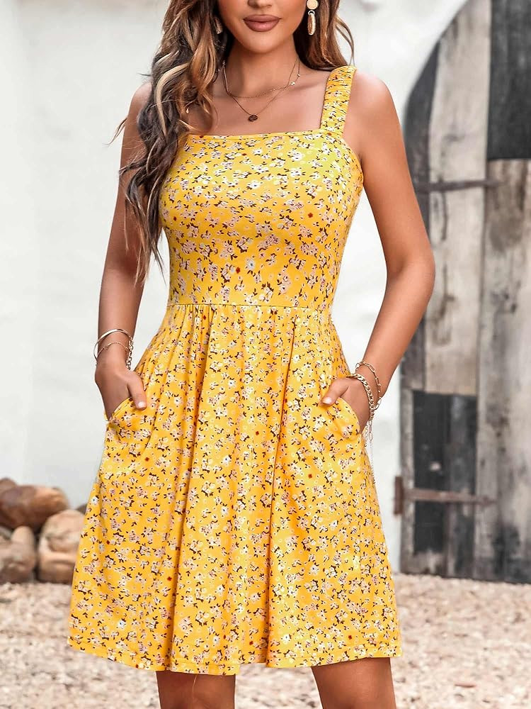 HUHOT Women's Summer Casual Square Neck Dress with Pocket Cute Sleeveless High Waist A-line Sundr... | Amazon (US)