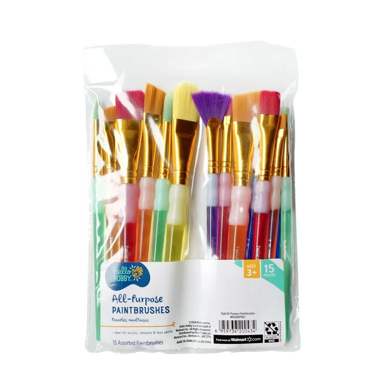 Hello Hobby Round, Filbert, Flat, Fan, Liner Synthetic Bristle Art Brushes (15 Pieces), Age Group... | Walmart (US)