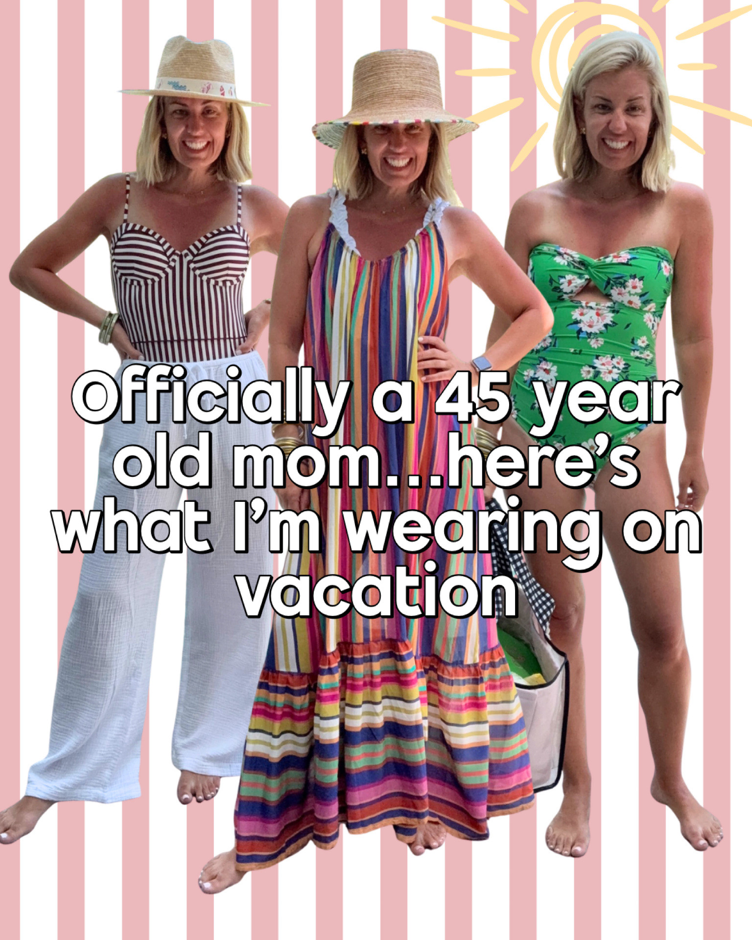 I’m officially a 45 year old, mom of 3 and this is what I’m wearing on vaca!!

Sizing:
Look 1 (coral strapless)- 6 suit, small coverup 
Look 2 (white w/tummy control)- 4 suit, xs coverup
Look 3 (reversible)- small suit, xs cover up
Look 4 (stripes)- 34B suit, xs pants
Look 5 (red & pink)- small suit, xs cover up
Look 6 (lemons)- small suit, xs cover up 
Look 7 (black)- small suit, OS sarong Look 8 (reversible)- small suit
Look 9  (cream with cut out)- small suit, OS kimonoLook 
10 (green)- small suit, xs cover up

Hats m/l

codes:
Sunshine tienda- code MIXANDMATCH
Sprinkled with pink- code CATHERINE10
Case mate- code MIXANDMATCH20

#LTKOver40 #LTKSwim #LTKTravel