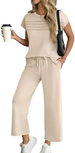 ATHMILE Two Piece Sets for Women Cap Sleeve Lounge Matching Casual Outfits Wide Leg Pants Summer ... | Amazon (US)