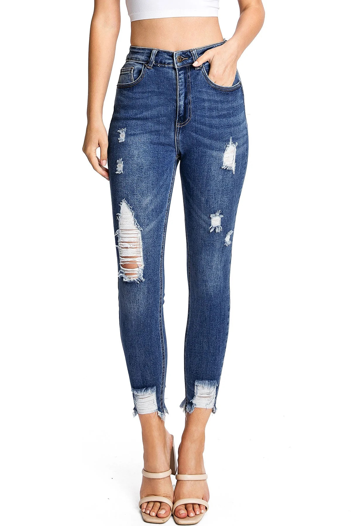 Wax Jean Womens Juniors High Rise Distressed Ankle Skinnys (11, Dark Denim) - Walmart.com | Walmart (US)