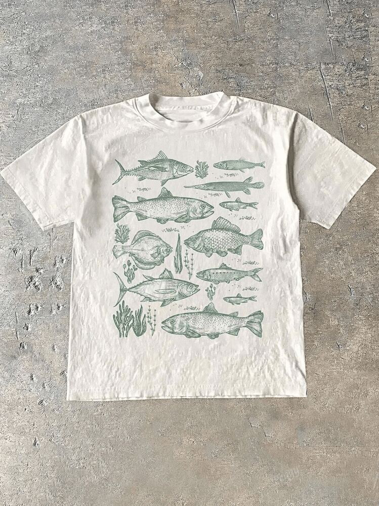 Vintage Ocean Fish Graphic Print T Shirt Women's Casual Summer 220g 1pcs 100% Cotton Tee Boho Style | SHEIN