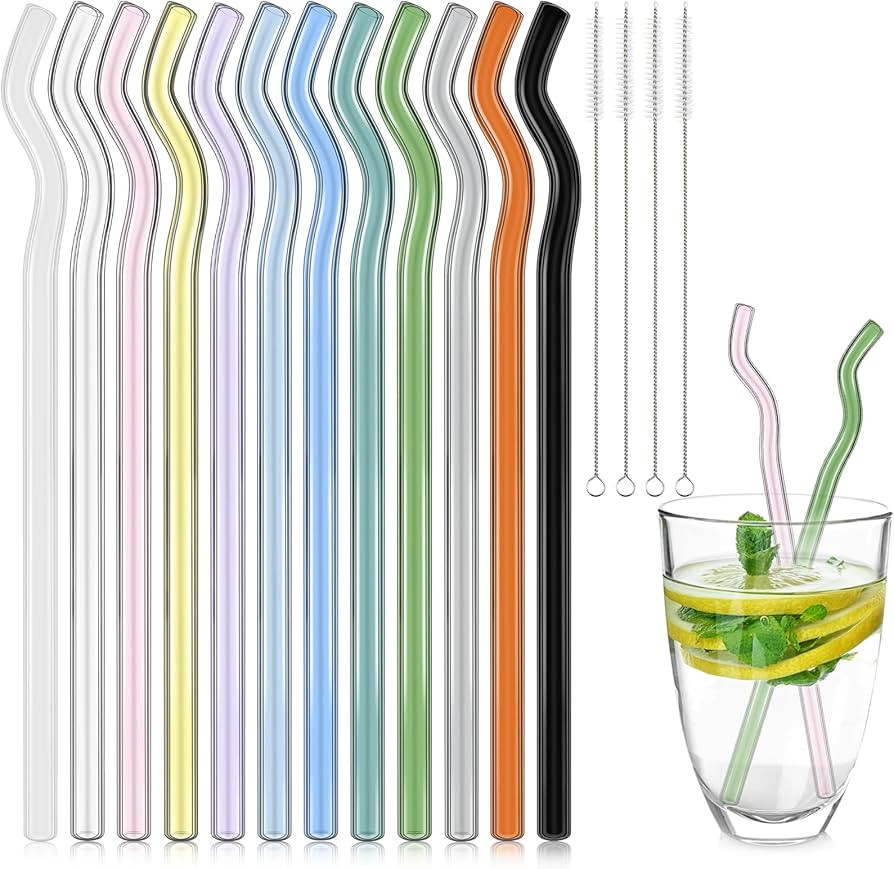 12 Pcs Wavy High Borosilicate Glass Straws Shatter Resistant Reusable Glass Straws Transparent Mu... | Amazon (US)