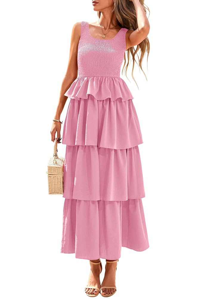 PRETTYGARDEN Womens 2025 Summer Sleeveless Midi Dress Scoop Neck A Line Smocked Ruffle Tiered Lay... | Amazon (US)