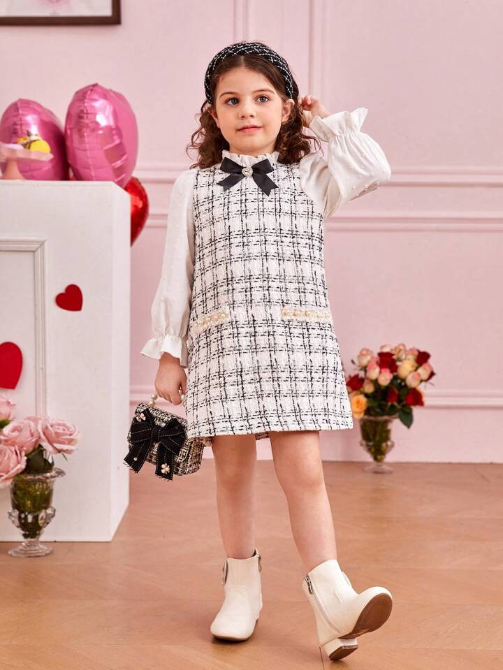 SHEIN Kids FANZEY Little Girls' Elegant Stand Collar Dress With Ruffle Trim And Bow Decor | SHEIN