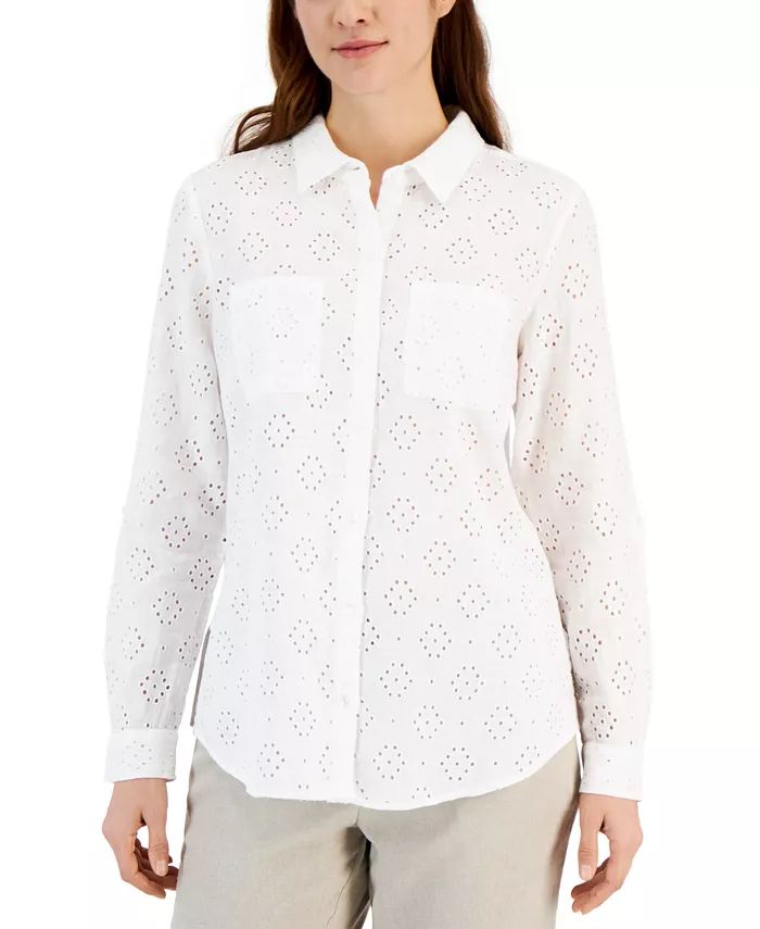 Women's 100% Linen Eyelet Button-Front Shirt, Created for Macy's | Macy's