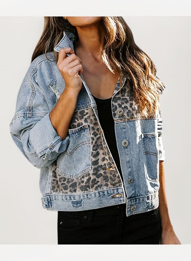 Womens Long Sleeve Leopard Patchwork Lightweight Jean Denim Jacket Casual Loose Button Down Lapel... | Amazon (UK)