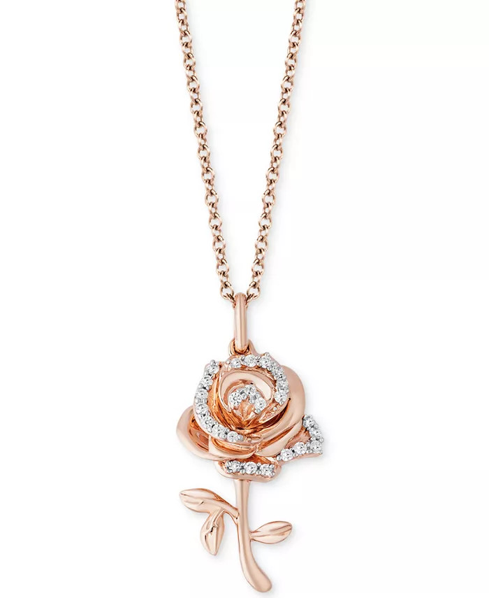 Enchanted Disney Diamond Rose Belle Pendant Necklace (1/10 ct. t.w.) in 14k Rose Gold, 16" + 2" e... | Macys (US)