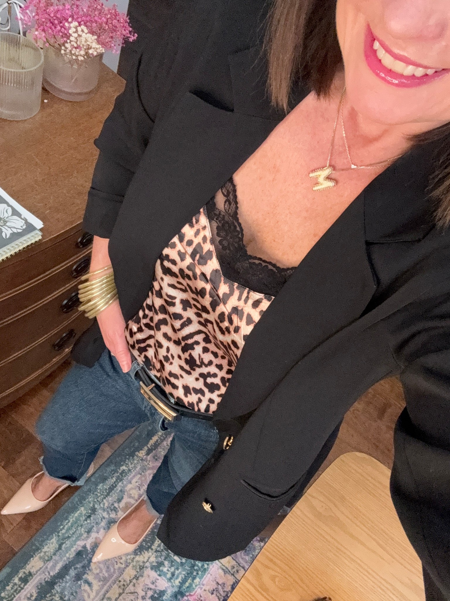 Black blazer with leopard satin cami!!  Dark washed straight jeans and nude heels!!

#LTKOver40 #LTKootd #LTKWorkwear