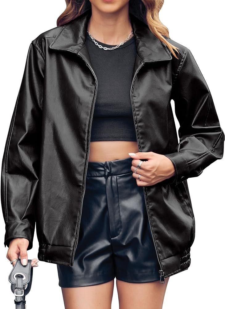 Miladusa Womens Oversized Leather Jackets Faux Casual Zip Up Trendy Bomber Motorcycle Jacket with... | Amazon (US)