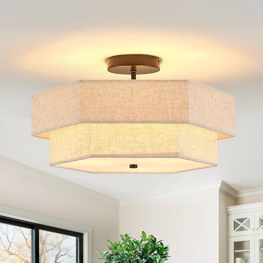 Modern Semi Flush Mount Ceiling Light 18" Modern Black Drum Ceiling Lighting Fixture with Linen S... | Amazon (US)