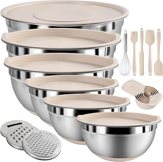 Mixing Bowls with Airtight Lids Set, 20 PCS Kitchen Gadgets Set, 6 Stainless Steel Bowls,3 Grater... | Amazon (US)