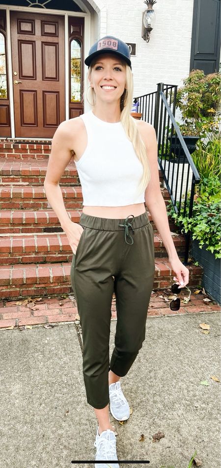 Easy casual outfit: olive green joggers with high waist and pockets. White cropped tank and white adidas sneakers. Don’t forget a baseball cap!  

#LTKfindsunder50 #LTKshoecrush #LTKstyletip