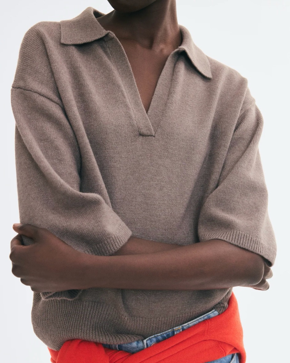 Taupe collared short sleeve sweater 
Polo sweater

#LTKSeasonal
