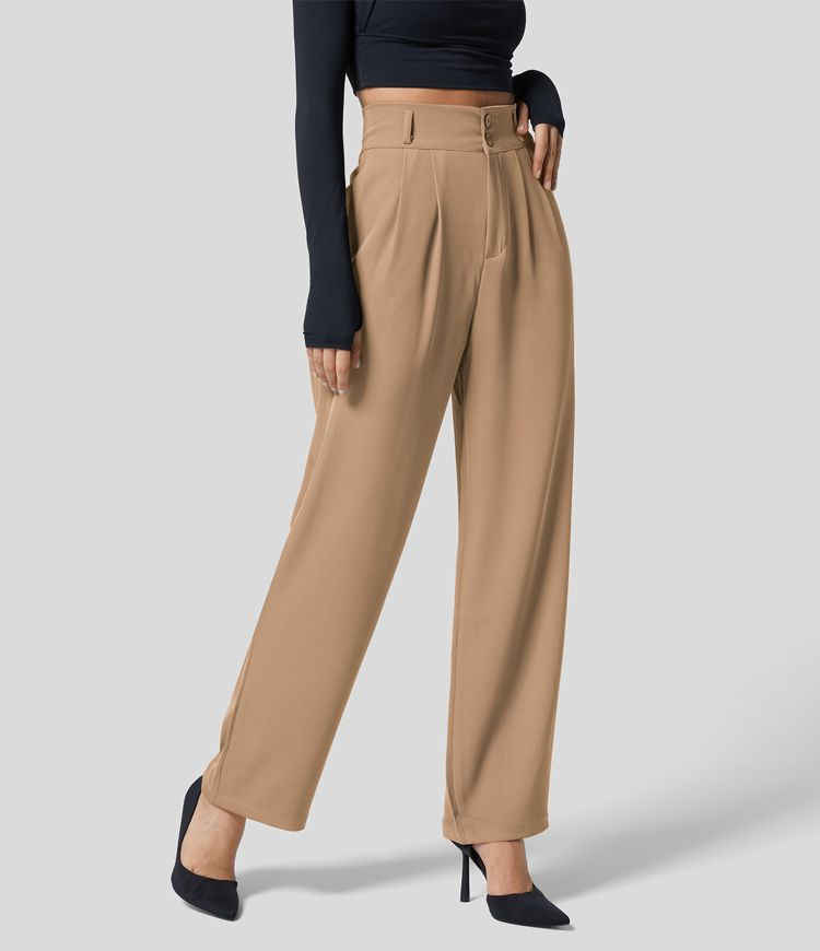 High Waisted Button Zipper Plicated Side Pocket Shirred Straight Leg Work Suit Pants | HALARA