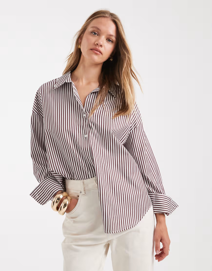ONLY oversize shirt in burgundy stripe-Red | ASOS (Global)