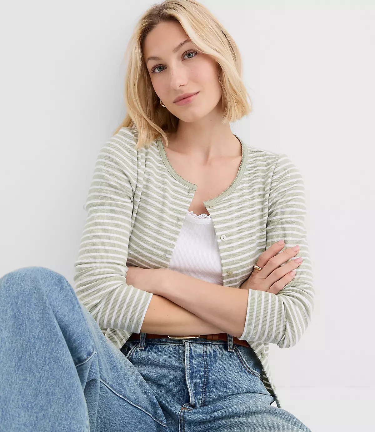 Striped Scalloped Ribbed Cardigan | LOFT