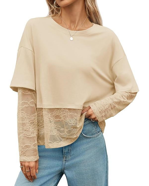 Tankaneo Womens Lace Long Sleeve Crop Top 2025 Crewneck Mesh T Shirts Casual Trendy Tops | Amazon (US)