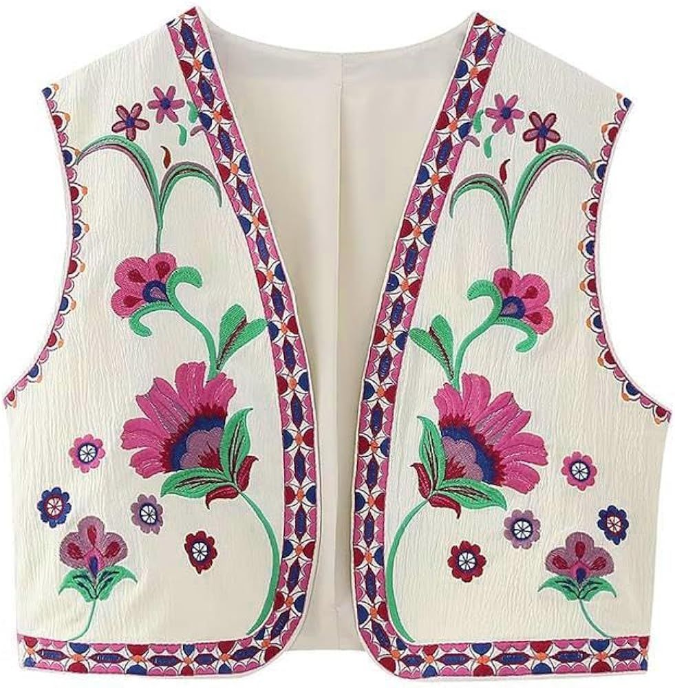 Mincib Women'S Floral Embroidered Vest Boho Vintage Linen Vest Y2k Sleeveless 2024 Summer Waistco... | Amazon (US)