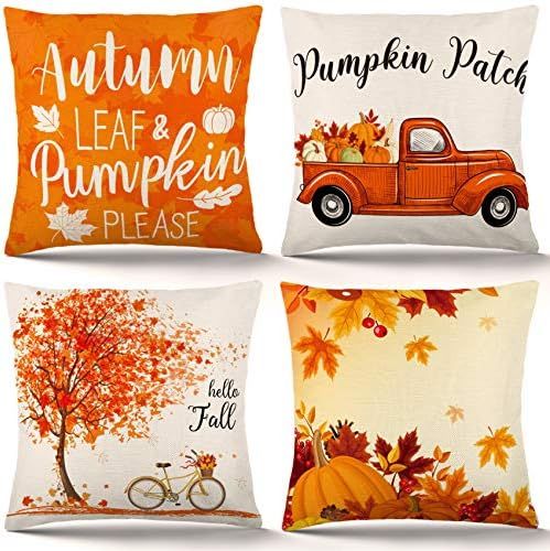 ZJHAI Fall Pillow Covers 18x18 Inch Set of 4 Autumn Pumpkin Pillow Covers Holiday Rustic Linen Pi... | Amazon (US)