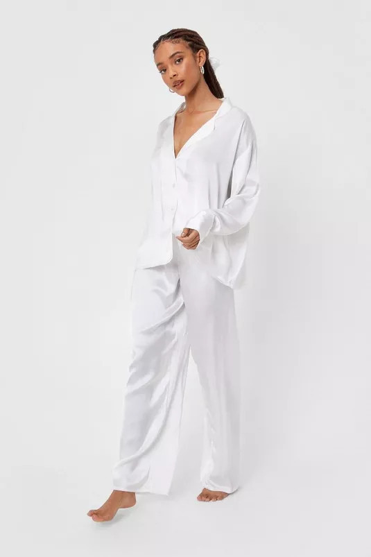 Satin 3 Pc Shirt Pants and Scrunchie Pajama Set | Nasty Gal (US)