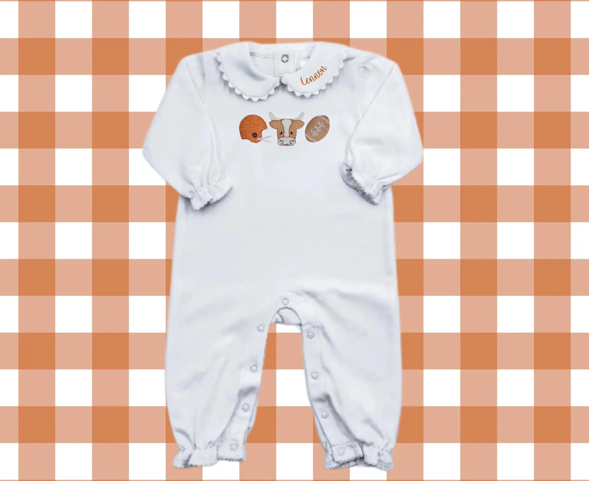 Longhorn Baby Embroidered Girl's Long Sleeve Peter Pan Bubble | Football Game Day Outfit | Texas Onesie Romper | Etsy (Global)