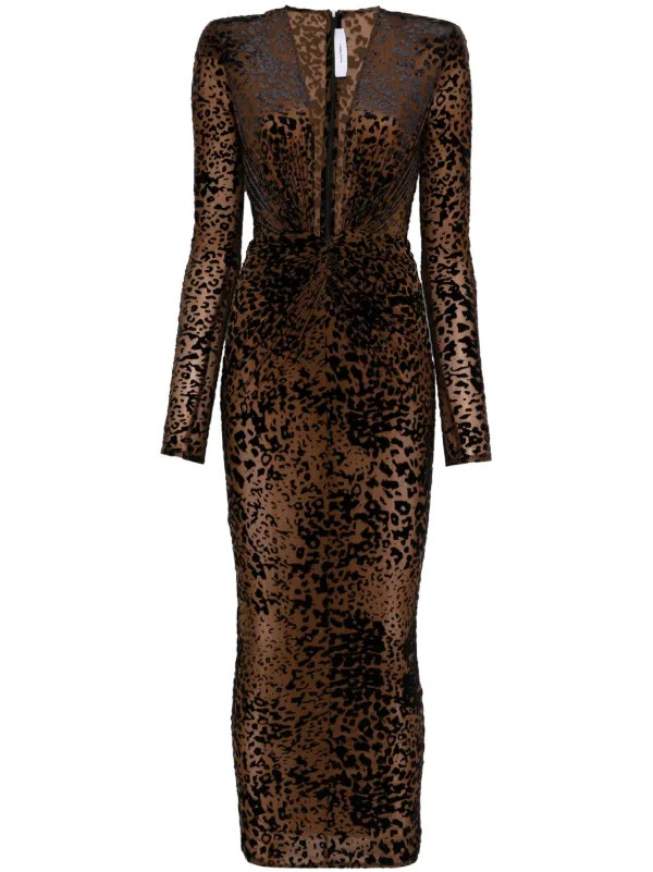 Alex Perry Leopard Burnout-pattern V-neck Midi Dress | Brown | FARFETCH UK | Farfetch Global
