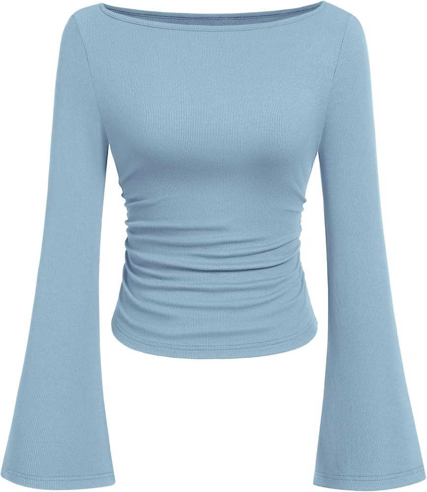 PRETTYGARDEN Women's Long Sleeve Shirts 2025 Fall Crop Going Out Tops Casual Boat Neck Bell Sleev... | Amazon (US)