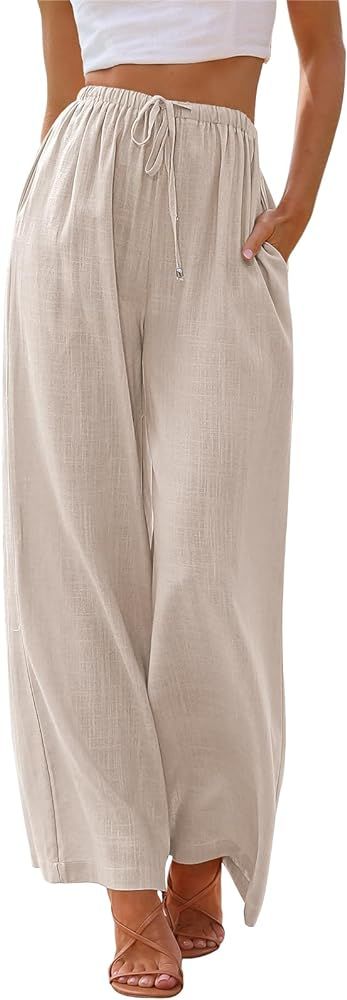 LILLUSORY Women's Linen Summer Palazzo Pants Flowy Wide Leg Beach Pants with Pockets | Amazon (US)
